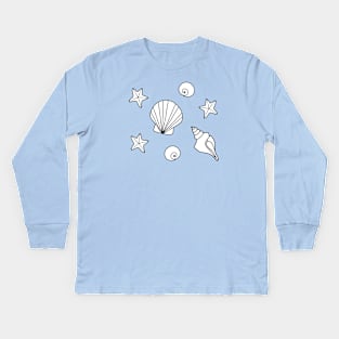 White Cartoon Seashells and Starfish Pattern on a Light Blue Backdrop, made by EndlessEmporium Kids Long Sleeve T-Shirt